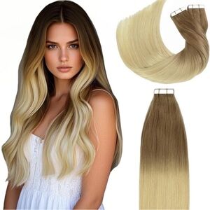 Brown Blonde Rooted Bleach Blonde Ombre Human Hair 20” Tape In Extensions
